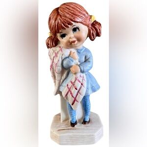 Adorable Vintage Ceramic Girl Figurine - Blue and Brown by Fran Mar 1971